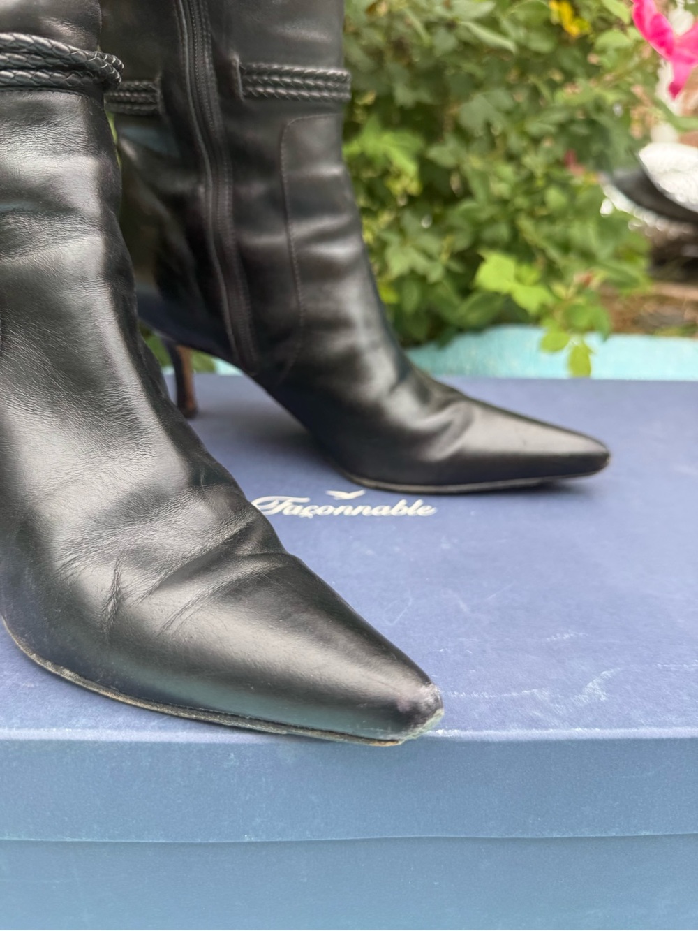 Faconnable Black Leather Knee-High Pointed-Toe Tassel Boots - Picture 2 of 16